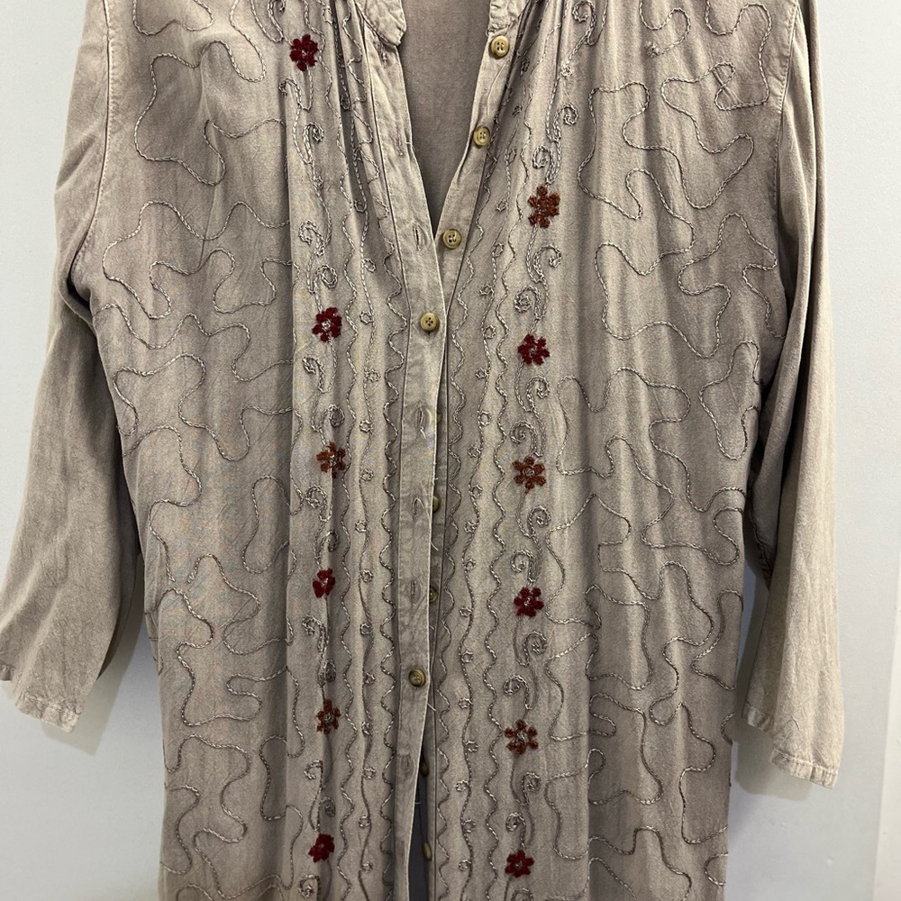Beige Embroidered Button-Up Blouse